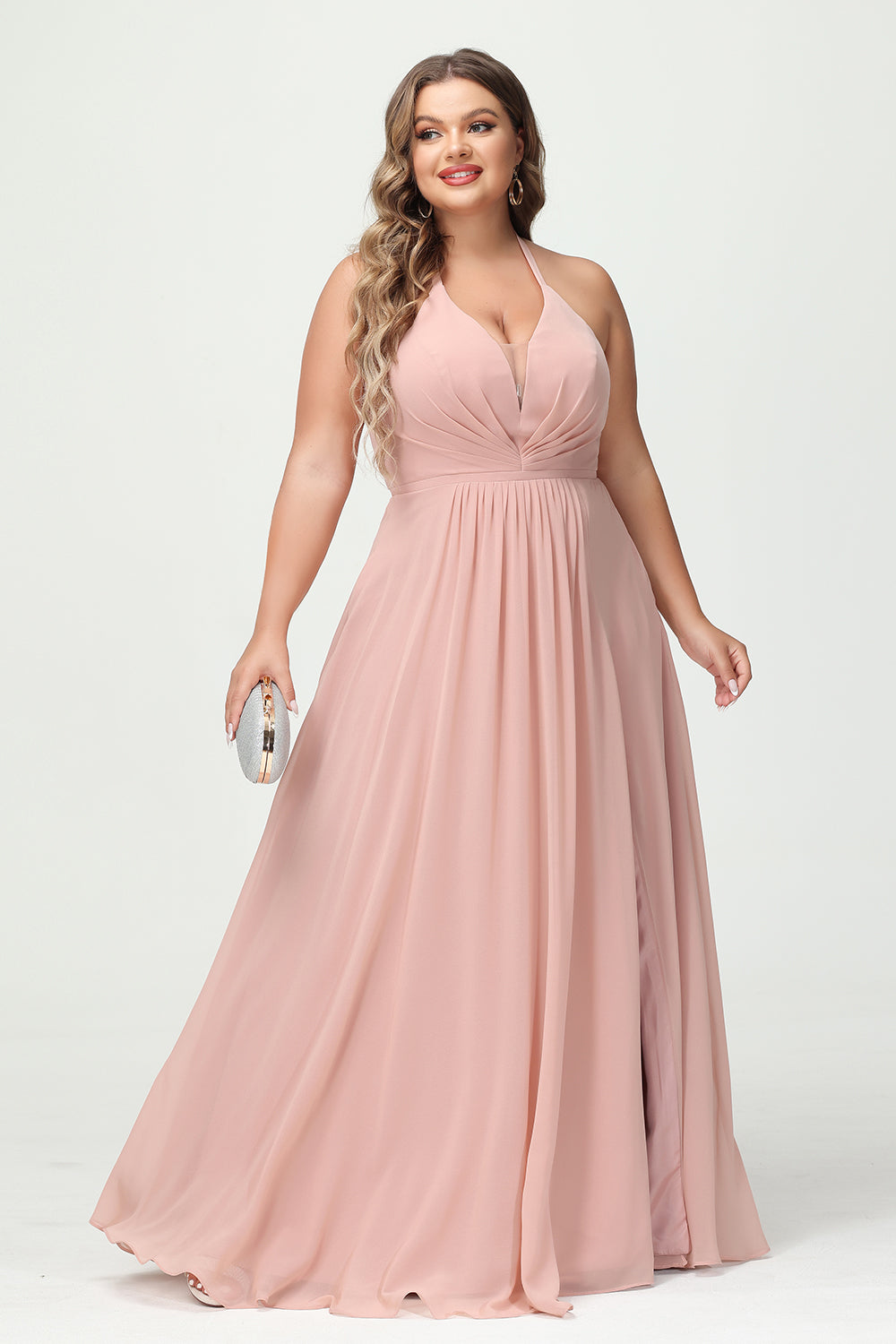 Halter Chiffon Pleated Corset Bridesmaid Dresses with Slit