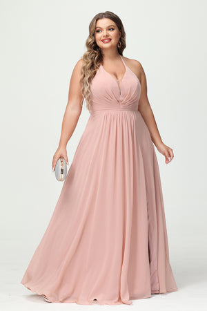 Halter Chiffon Pleated Corset Bridesmaid Dresses with Slit