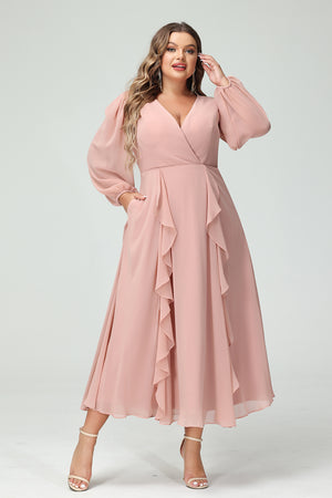 V Neck Chiffon Ruffles Corset Bridesmaid Dresses with Pockets