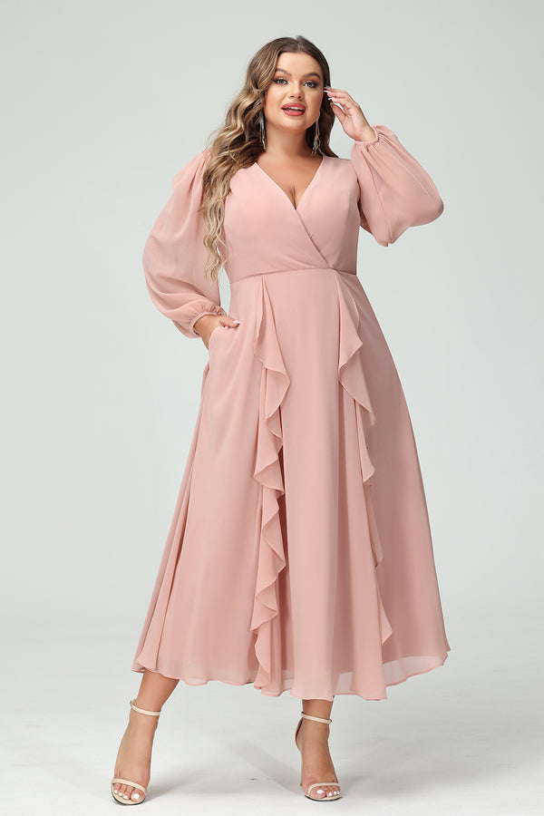 V Neck Chiffon Ruffles Corset Bridesmaid Dresses with Pockets
