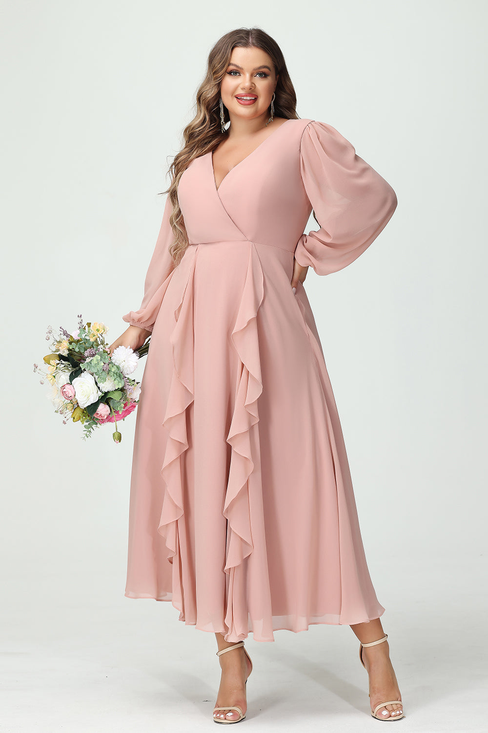 V Neck Chiffon Ruffles Corset Bridesmaid Dresses with Pockets