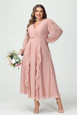 V Neck Chiffon Ruffles Corset Bridesmaid Dresses with Pockets