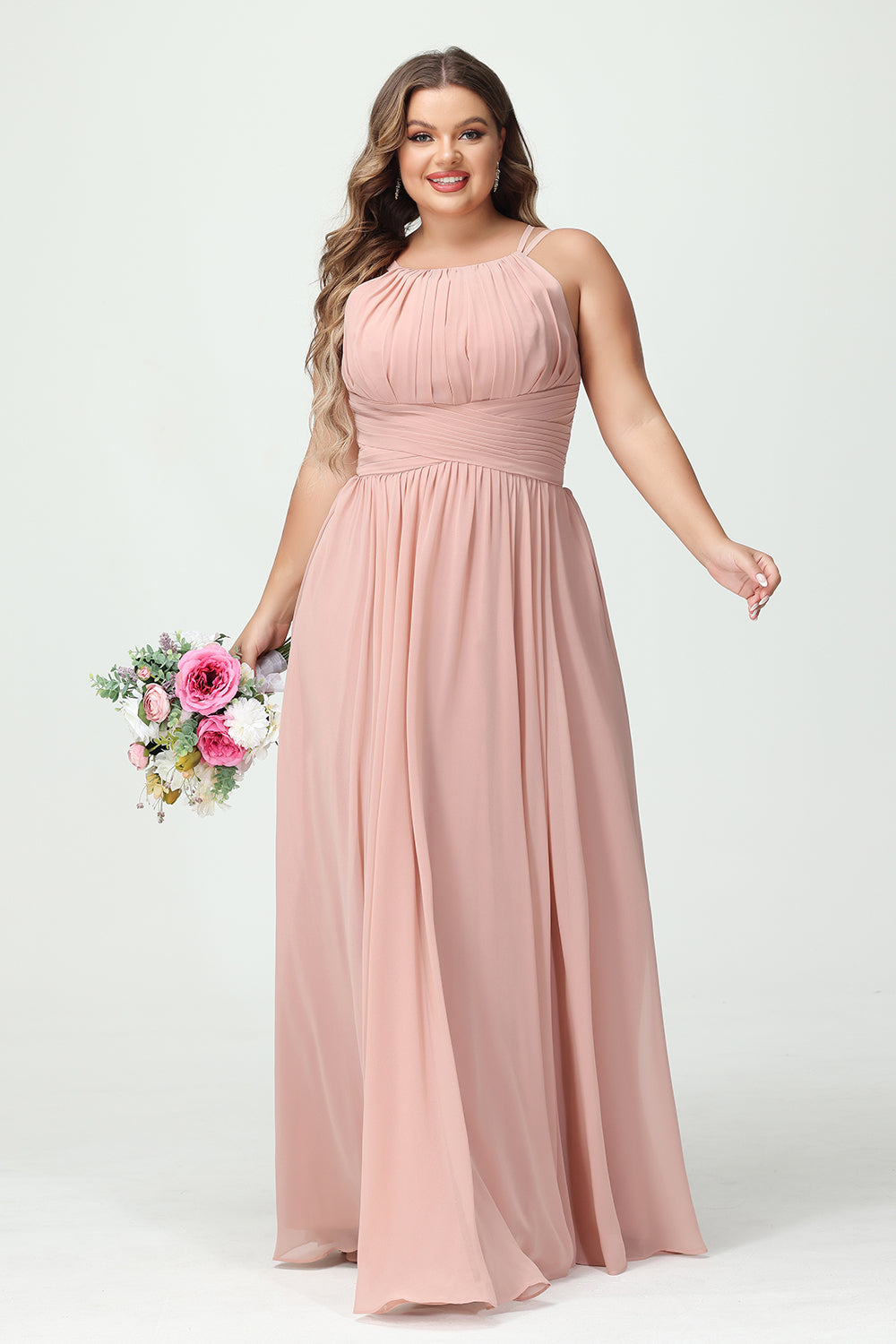 Scoop Neck Chiffon Pleated Corset Bridesmaid Dresses with Pockets