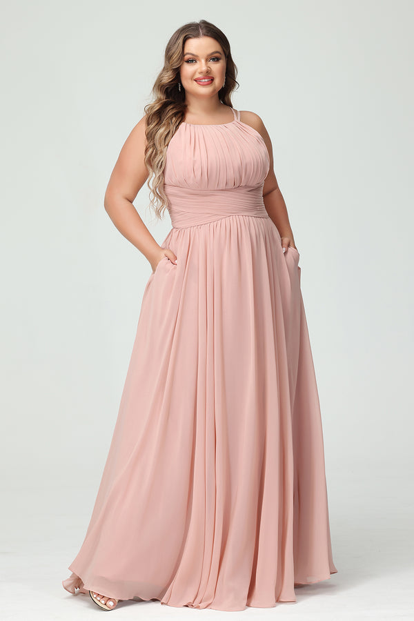 Scoop Neck Chiffon Pleated Corset Bridesmaid Dresses with Pockets