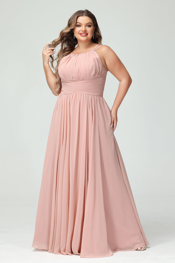 Scoop Neck Chiffon Pleated Corset Bridesmaid Dresses with Pockets