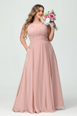 Scoop Neck Chiffon Pleated Corset Bridesmaid Dresses with Pockets
