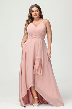 Spaghetti Straps V Neck Chiffon Pleated Corset Bridesmaid Dresses with Pockets