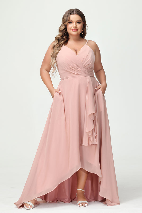 Spaghetti Straps V Neck Chiffon Pleated Corset Bridesmaid Dresses with Pockets