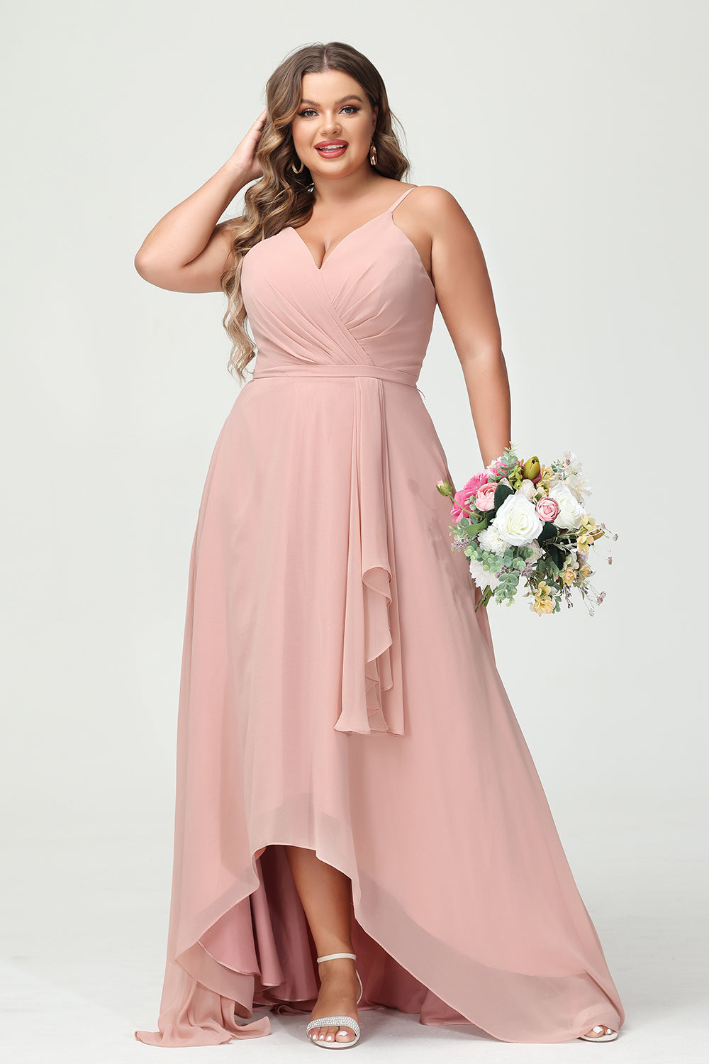 Spaghetti Straps V Neck Chiffon Pleated Corset Bridesmaid Dresses with Pockets