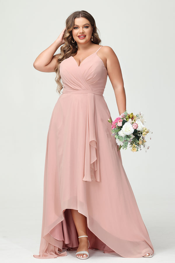Spaghetti Straps V Neck Chiffon Pleated Corset Bridesmaid Dresses with Pockets