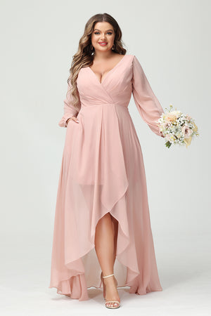 V Neck Chiffon Pleats Corset Pockets Bridesmaid Dresses