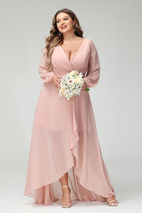 V Neck Chiffon Pleats Corset Pockets Bridesmaid Dresses