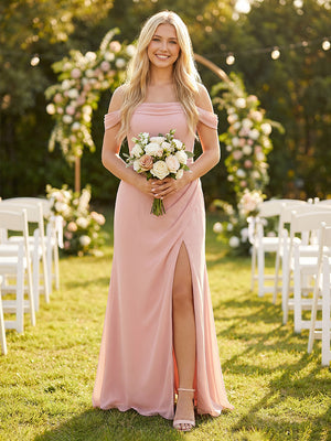 Spaghetti Straps Chiffon Corset Pockets Bridesmaid Dresses with Slit