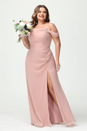 Spaghetti Straps Chiffon Corset Pockets Bridesmaid Dresses with Slit