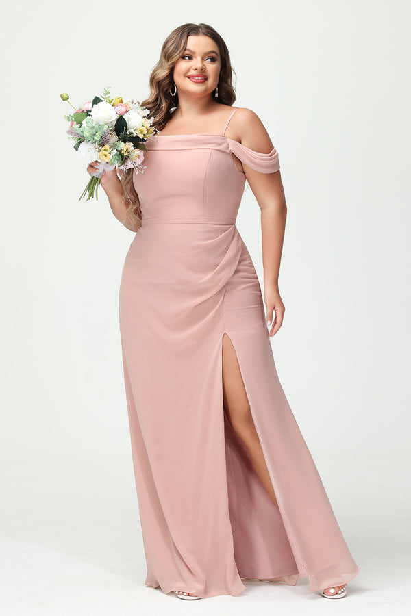 Spaghetti Straps Chiffon Corset Pockets Bridesmaid Dresses with Slit