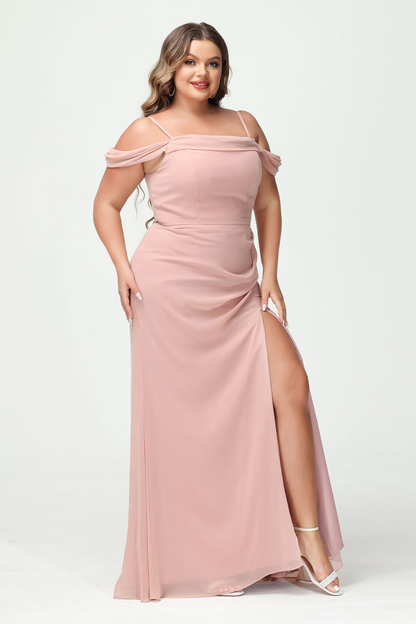 Spaghetti Straps Chiffon Corset Pockets Bridesmaid Dresses with Slit