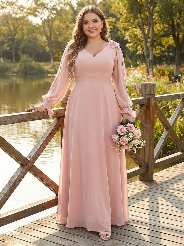 V Neck Chiffon Pleats Corset Pockets Bridesmaid Dresses