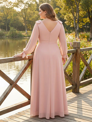 V Neck Chiffon Pleats Corset Pockets Bridesmaid Dresses