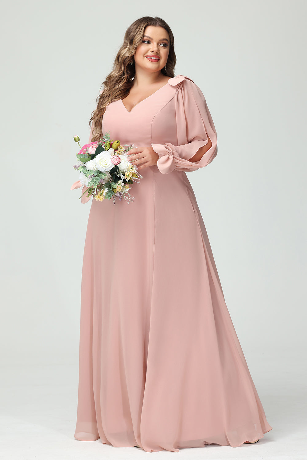 V Neck Chiffon Pleats Corset Pockets Bridesmaid Dresses