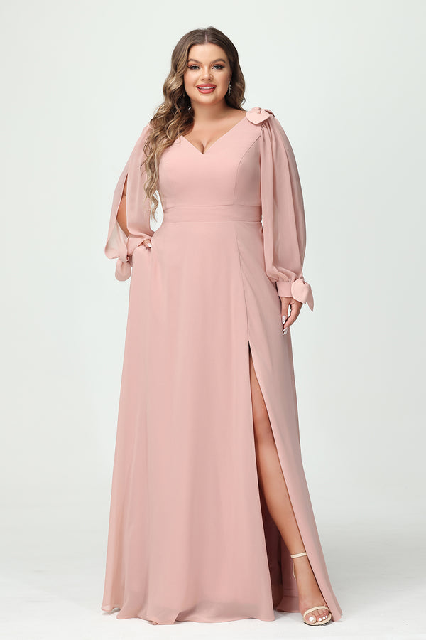V Neck Chiffon Pleats Corset Pockets Bridesmaid Dresses