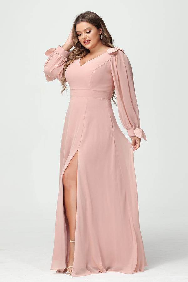 V Neck Chiffon Pleats Corset Pockets Bridesmaid Dresses