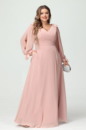 V Neck Chiffon Pleats Corset Pockets Bridesmaid Dresses