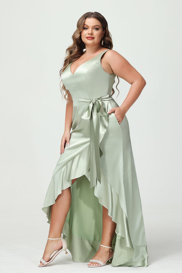 V Neck Satin Ruffles Corset Bridesmaid Dresses