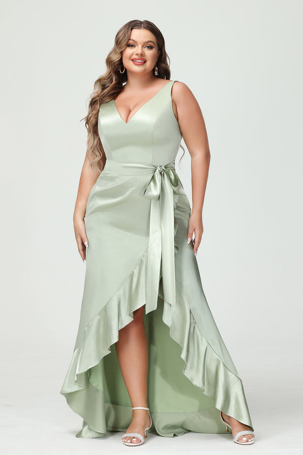V Neck Satin Ruffles Corset Bridesmaid Dresses
