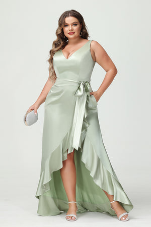 V Neck Satin Ruffles Corset Bridesmaid Dresses