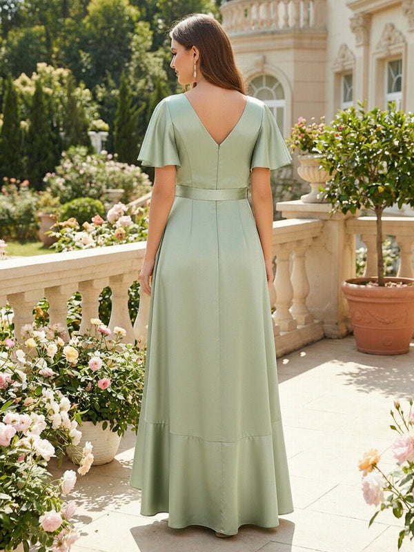 V Neck Satin Ruffles Corset Bridesmaid Dresses with Pockets