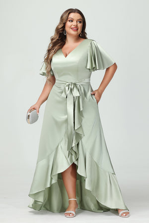 V Neck Satin Ruffles Corset Bridesmaid Dresses with Pockets