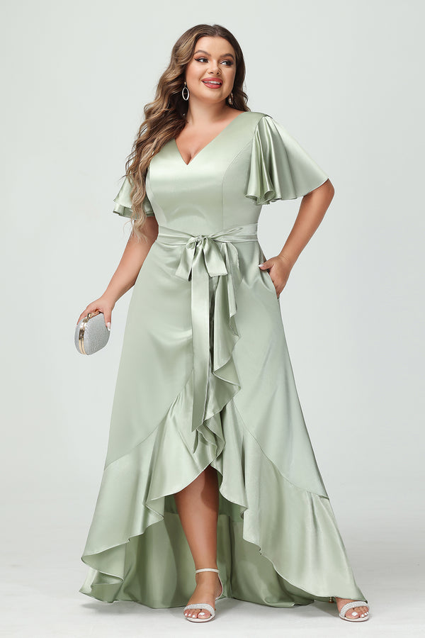 V Neck Satin Ruffles Corset Bridesmaid Dresses with Pockets