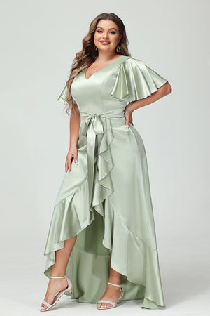 V Neck Satin Ruffles Corset Bridesmaid Dresses with Pockets