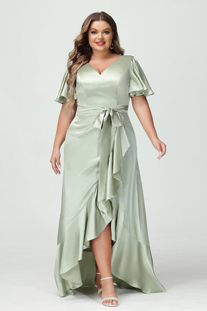 V Neck Satin Ruffles Corset Bridesmaid Dresses with Pockets