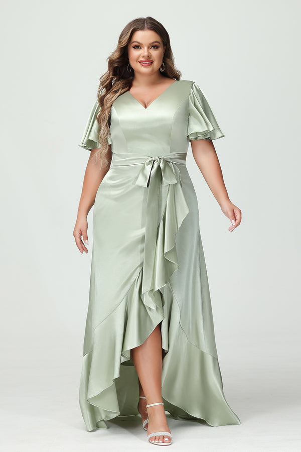 V Neck Satin Ruffles Corset Bridesmaid Dresses with Pockets