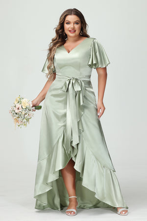 V Neck Satin Ruffles Corset Bridesmaid Dresses with Pockets