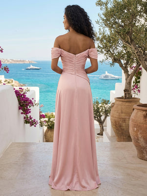 Satin A Line Off the Shoulder Floor Length Bridesmaid Dresses