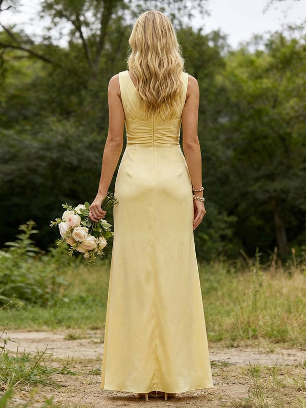 Satin Mermaid V Neck Floor Length Bridesmaid Dresses