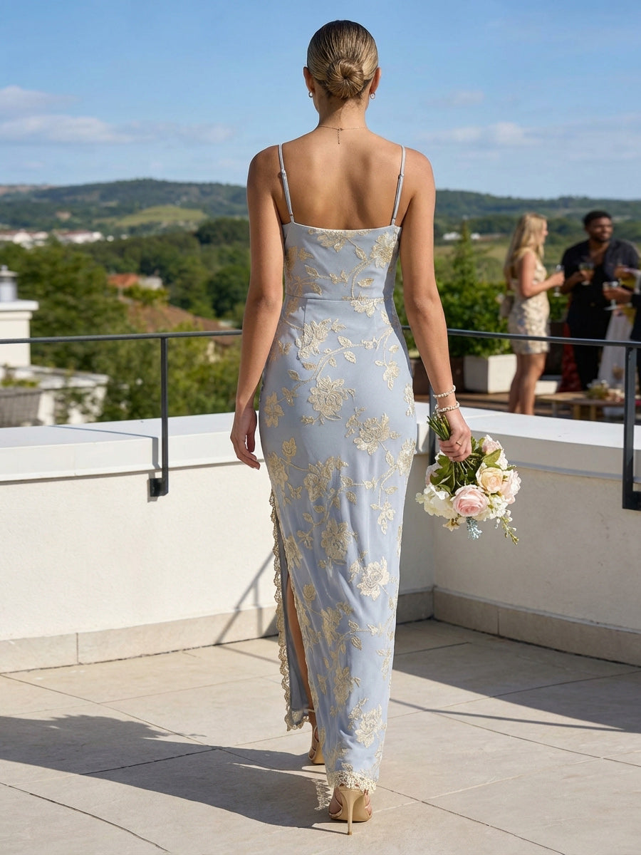 Jacquard Sheath Spaghetti Straps Floor Length Bridesmaid Dresses