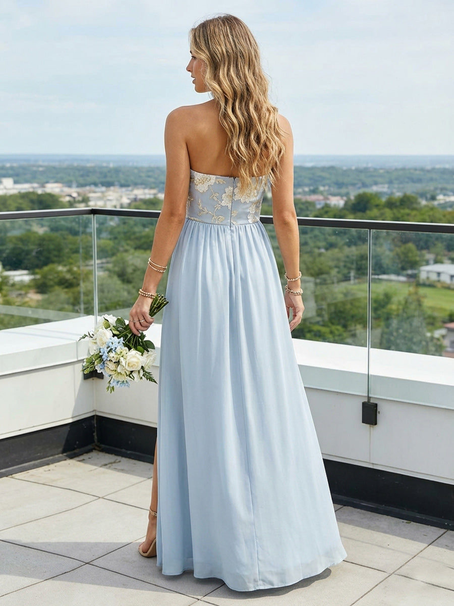 Satin A Line Strapless Floor Length Bridesmaid Dresses