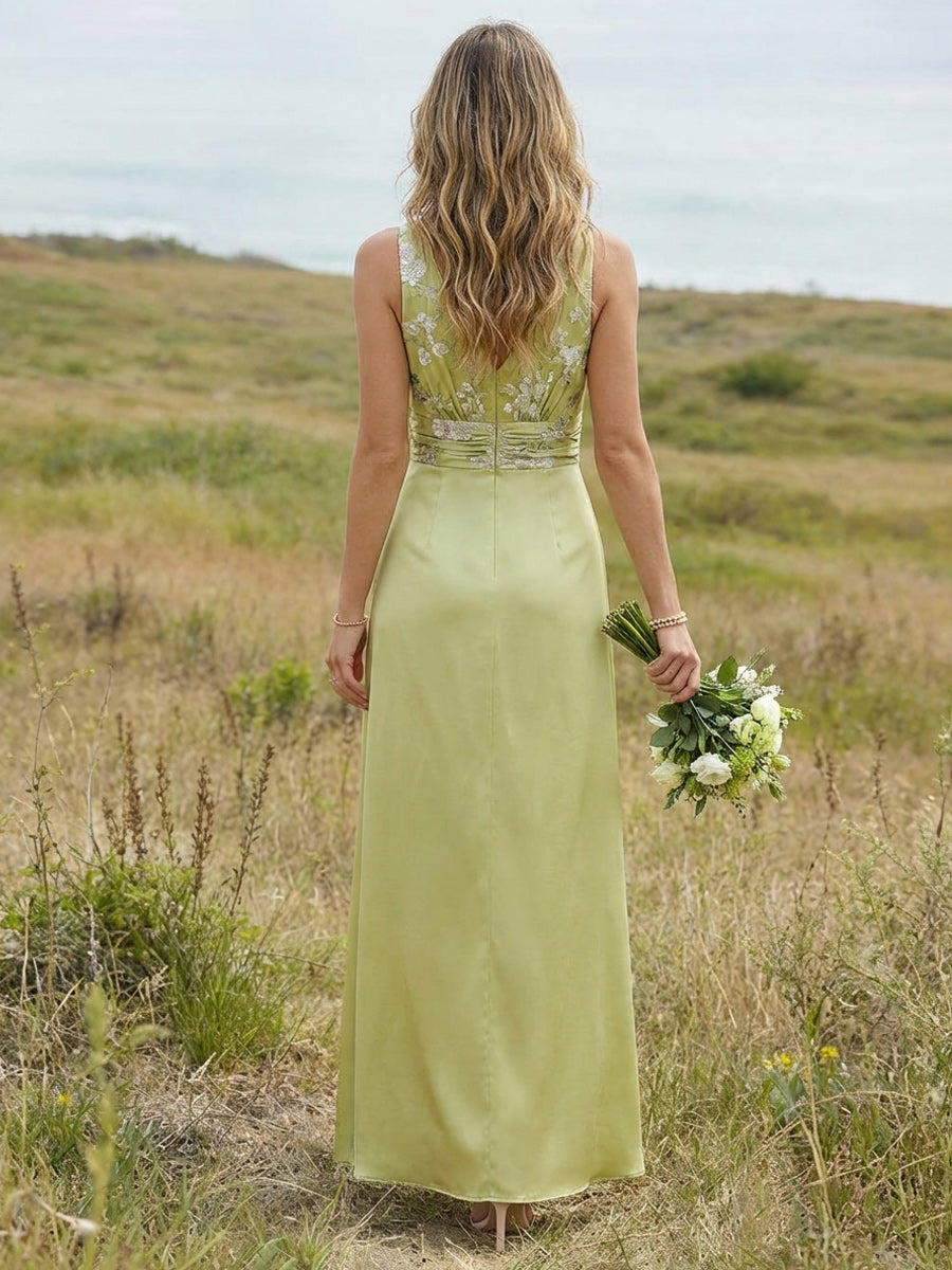 Satin A Line V Neck Floor Length Bridesmaid Dresses