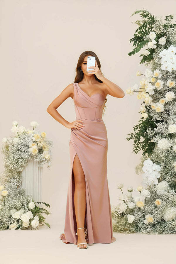 One Shoulder Satin Corset Pleated Bridesmaid Dresses with Slit