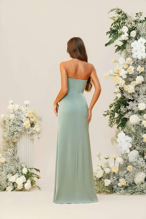Strapless Satin Corset Pleated Bridesmaid Dresses with Slit