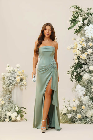 Strapless Satin Corset Pleated Bridesmaid Dresses with Slit