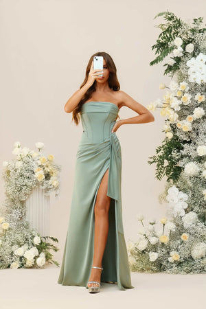 Strapless Satin Corset Pleated Bridesmaid Dresses with Slit