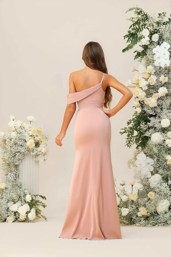 One Shoulder Satin Pleated Bridesmaid Dresses with Slit