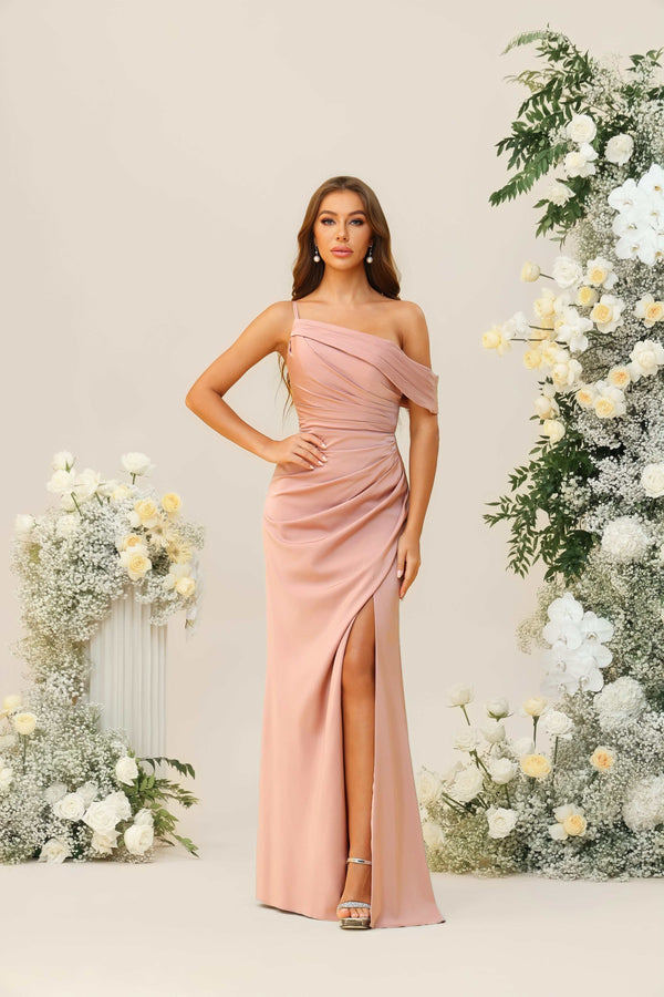 One Shoulder Satin Pleated Bridesmaid Dresses with Slit