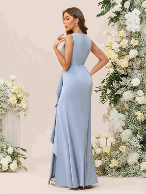 V Neck Pleated Ruffles Bridesmaid Dresses with Slit