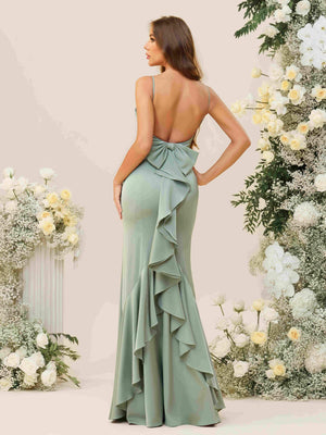 Spaghetti Straps Square Neck Satin Pleated Bridesmaid Dresses