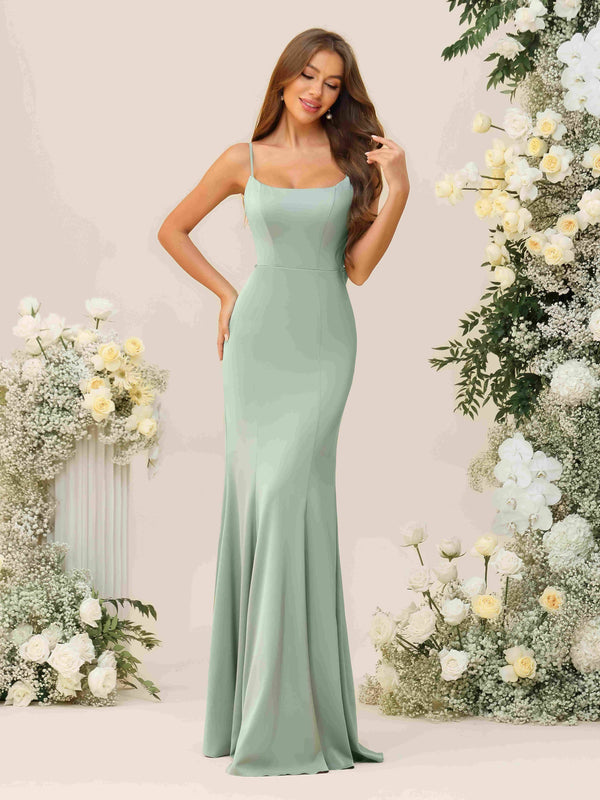 Spaghetti Straps Square Neck Satin Pleated Bridesmaid Dresses